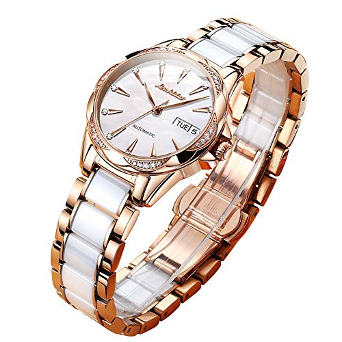 OLEVS Women's Stainless Steel Automatic Watch White Face Ceramic Watch for Women Rose Gold Band Day-Date Luxury Waterproof Diamond Dial Ladies Dress Watch No Battery Sapphire Crystal Glass