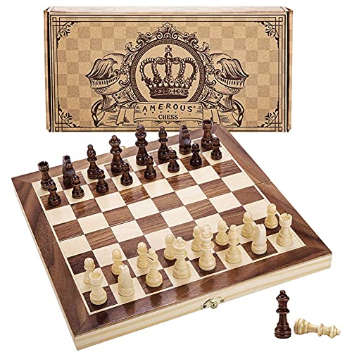 AMEROUS 12' x 12' Magnetic Wooden Chess Set for Kids and 6 up Age, 2 Bonus Extra Queens, Folding Board with Storage Slots, Handmade Chess Pieces, Portable Travel Chess Board Game Sets
