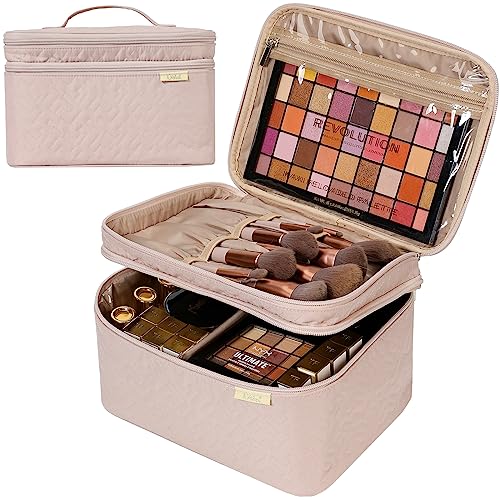 NISHEL Double Layer Travel Makeup Bag Women, Large Cosmetic Case, Organizer for Travel-Size Accessories Bottles, Brushes, Conditioner, and Skin Care Products, Pink