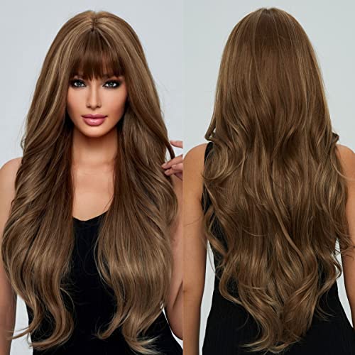EMMOR Long Curly Light Brown Wigs with Bangs for Women, Heat Resistant Synthetic Wavy Wigs for Daily/Party/Cosplay