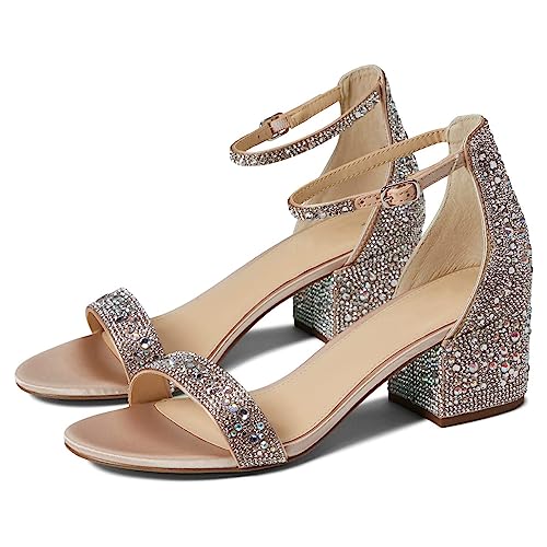 EQAUDES Rhinestone Heels Sandals Low Chunky Block Heels for Women Wedding Dress Sparkly Bridal Glitter Prom Heels