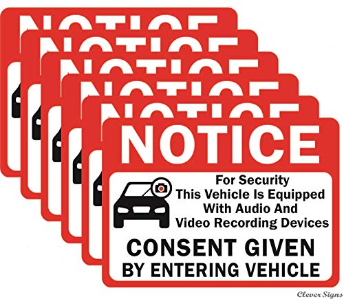 6-Pack Double Sided 3.5'x2.5'- Notice Vehicle is Equipped With Audio And Video Recording Devices Consent By Entering Car Sticker-Double Sided Vinyl Decal, UV Protected, Waterproof, Indoor&Outdoor Use