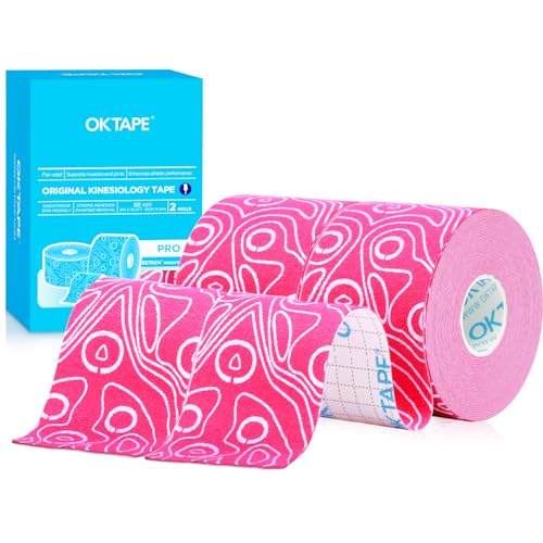 OK TAPE PRO Kinesiology Tape, 2inch x Long Roll 16ft Free Cut Tape, Elastic Athletic Tape Therapeutic Latex Free, 2 Rolls Pink+White