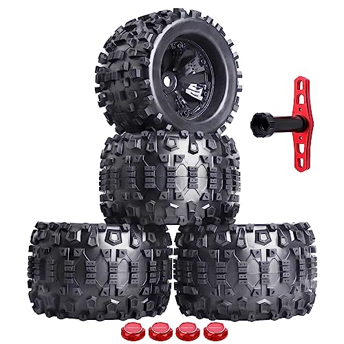 HobbyPark Pre-Glued 1/8 Truck Tires and Wheels 17mm Hex for Traxxas Maxx T-maxx E-Revo Revo 3.3 Arrma Kraton Notorious 6s Redcat Kaiju Shredder JLB Cheetah RC Monster(4-Pack)