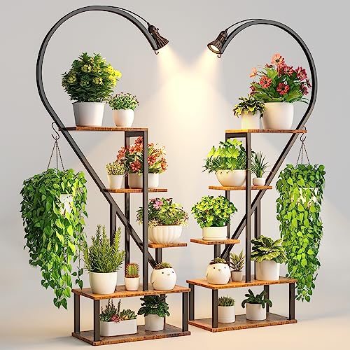 BACEKOLL Tall Tiered Metal Plant Stand with Grow Lights for Indoor Plants Multiple, Large Plant Holder Display Shelf, Half Heart Shape Plant Rack for Living Room, Patio, Balcony