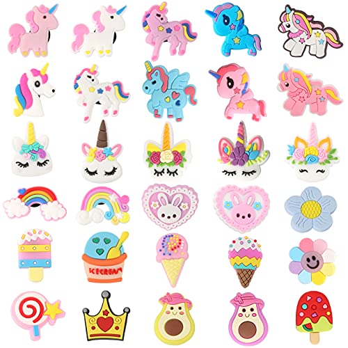 wonmon 30 PCS Shoe Decoration Charms, Unicorn Rainbow Shoe Charms, PVC Clog Shoe Charms for Girls, Cute Designs Shoes Decoration Girly Themed Charms for Shoe Clog Sandals Bracelet Wristband