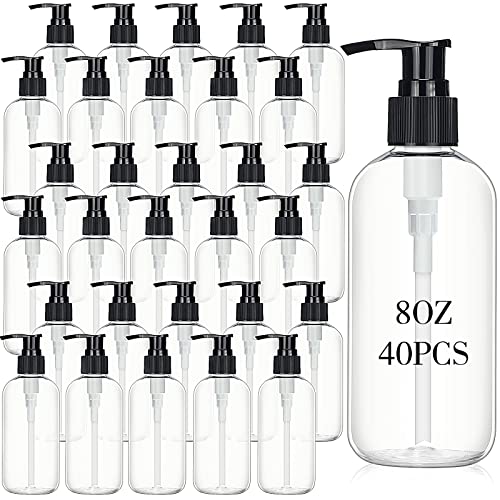 Norme 40 Pieces Empty Pump Bottle 8 oz Clear Refillable Plastic Bottles with Pump Dispenser Travel Lotion Container for Shampoo Hand Body Soap Oil Massage Moisturizer Face Cream Liquid