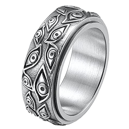 IFUAQZ Stainless Steel Evil Eye Spinner Ring All Seeing Eye of God Band Vintage Jewelry for Men Women Silver Size 7