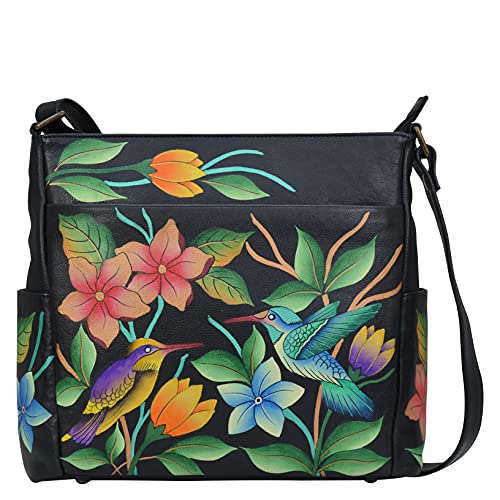 Anna by Anuschka womens Anna Anuschka Women s Genuine Leather Crossbody with Side Pockets, Bird in Paradise-black, One Size US