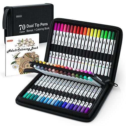 Shuttle Art Dual Tip Brush Pens Art Markers, 70 Colors Fine and Brush Dual Tip Markers Set in Portable Case with 1 Coloring Book for Kids Adult Artist Coloring Calligraphy Journal Doodling Writing