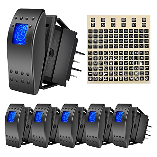 eFuncar 6Pcs 12V 24V Toggle Switch, 4Pin SPST ON Off Dashboard Rocker Switch, Waterproof Blue Lighted Rocker Switches for Car Truck Marine Auto Motorcycle with 1Pc Sticker Label Sheet