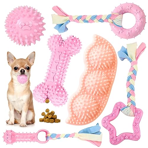 Petcare 6 Pack Puppy Chew Toys for Teething Cute Pink Puppy Toys Small Dog Toys Soft Rubber Rope Dog Toys Funny Bone Ball Cleaning Teeth Dog Chew Toys Puppy Teething Toys for Puppies Yorkies