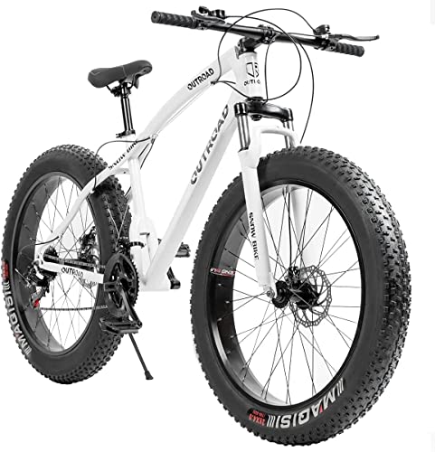 Max4out 26 inch Fat Tire Mountain Bike, 21 Speed with Dual Front Suspension, Double Disc Brake and High Carbon Steel Frame Anti-Slip Bicycle, Mens and Womens(White)
