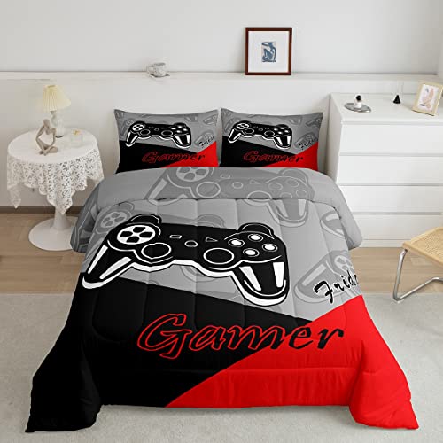 Feelyou Gamer Comforter Set for Boys Teens Red and Black Gaming Bedding Set Video Game Bedding Home Decor for Kids Comforter Twin Size 2 Pieces Quilted Duvet Set 1 Comforter with 1 Pillowcase