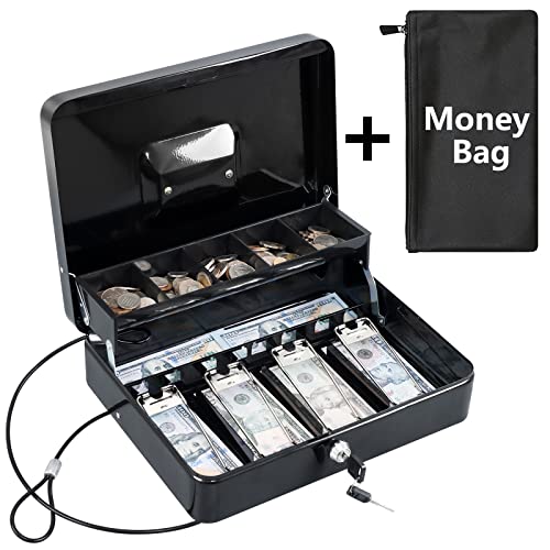 KYODOLED Cash Box with Money Tray, Key Lock Money Safe with Security Cable and Waterproof Bag, 11.81L9.45W3.54H inch, Black X Large
