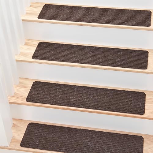 MBIGM 8' X 30' (15 in Pack) NonSlip Carpet Stair Treads Non-Skid Safety Rug Slip Resistant Indoor Runner For Kids Elders & Pets With Reusable Adhesive - Brown Non-Slip Stair Rug Carpet Pads For Stairs