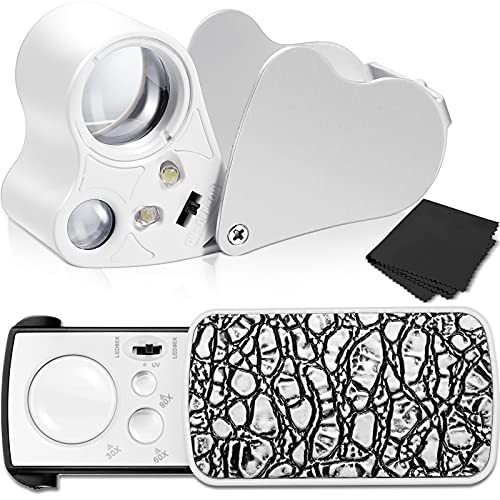 2 Pieces Jewelers Loupe 30X 60X 90X Illuminated Jewelers Eye Loupe Magnifier Jewelry Magnifying Glass Loop with UV Black Light and Bright LED Light for Jewelry Diamond Gem Coin Stamp Rock (Silver)