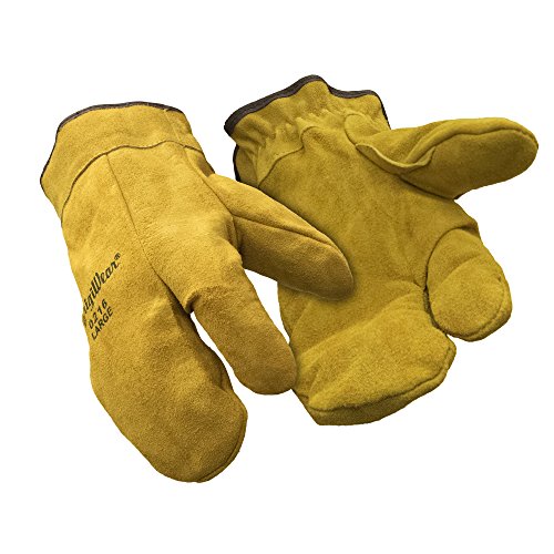 RefrigiWear Sherpa Lined Three Finger Split Cowhide Leather Mitten Work Gloves (Gold, Large)