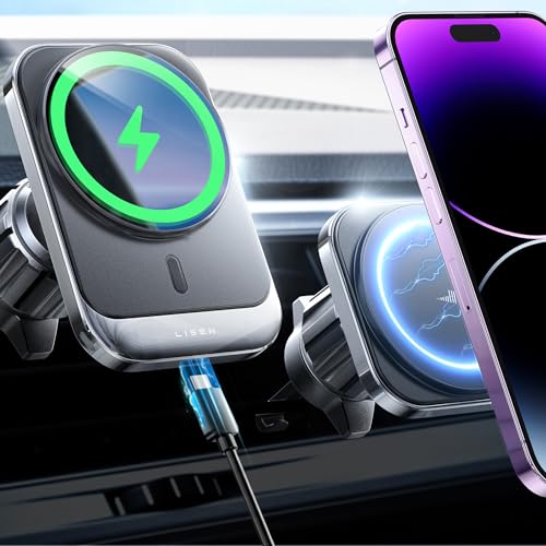 LISEN for MagSafe Car Mount Charger for iPhone 15, 15W Wireless Universal Vent Charger for iPhone Car Accessories Magnetic Phone Holder Mount, Fits iPhone 15 Pro Max Plus Mini 14 13 12