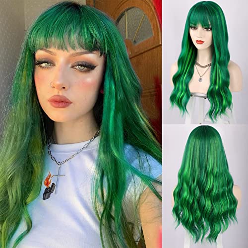 ENTRANCED STYLES Green Wig with Bangs Long Wavy Green Wigs for Women Heat Resistant Wavy Wig for Daily Party Use (24 inch Green)