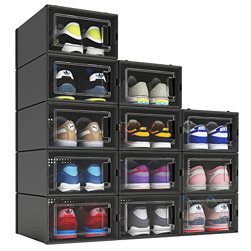 MELDEVO 12 Pack Shoe Organizer Boxes, Black Plastic Stackable Shoe Storage Bins For Closet, Space Saving Shoe Holder Sneaker Display Case for Medium Size Shoes