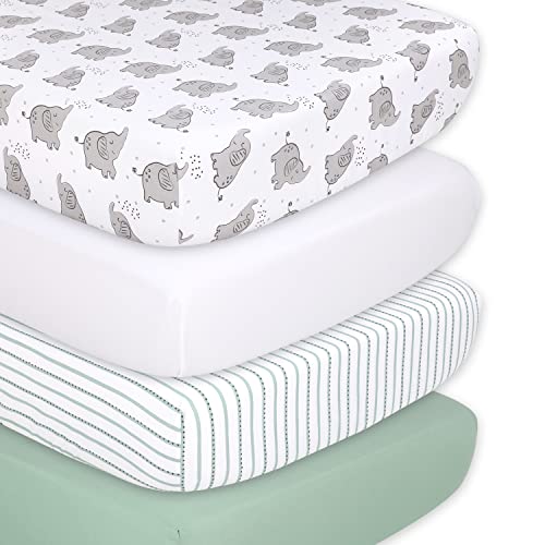 The Peanutshell Fitted Crib Sheets Set, Unisex 4 Pack, Grey Elephant, White & Green