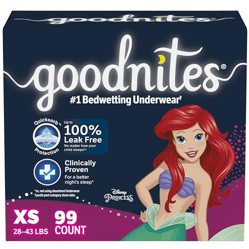 Goodnites Girls' Nighttime Bedwetting Underwear, Size Extra Small (28-43 lbs), 99 Ct, Packaging May Vary
