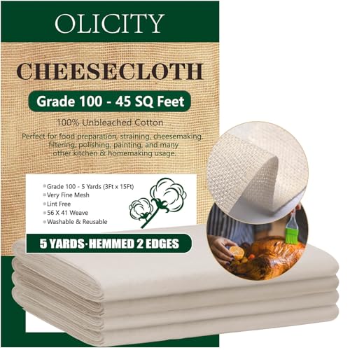 Olicity Cheesecloth, Grade 100, 45 Sq Feet, Reusable Ultra Fine Cheese Cloths for Straining, Unbleached Butter Muslin Cloth for Cooking, Cold Brew Coffee, Halloween Decorations - 5 Yards