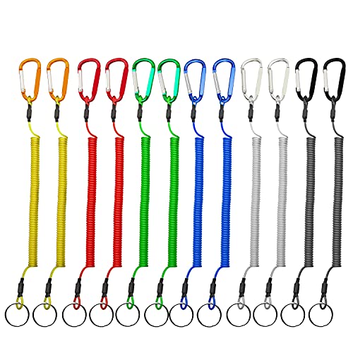 HiBD Retractable Tether Multi Colored Coiled Lanyard Fishing Lanyard Safety Rope 12pcs with Carabiner for Fishing Hunting Hiking Boating Camping Tools