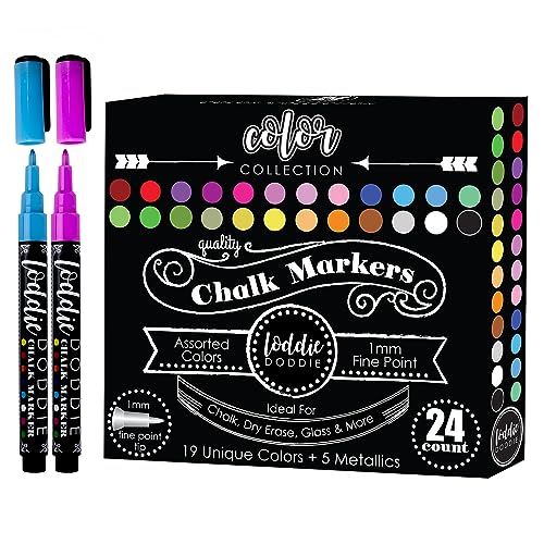 Loddie Doddie Liquid Chalk Markers | Dust Free Chalk Pens - Perfect for Chalkboards, Blackboards, Windows and Glass | 1mm Fine Point Tip Erasable Ink (Pack of 24)