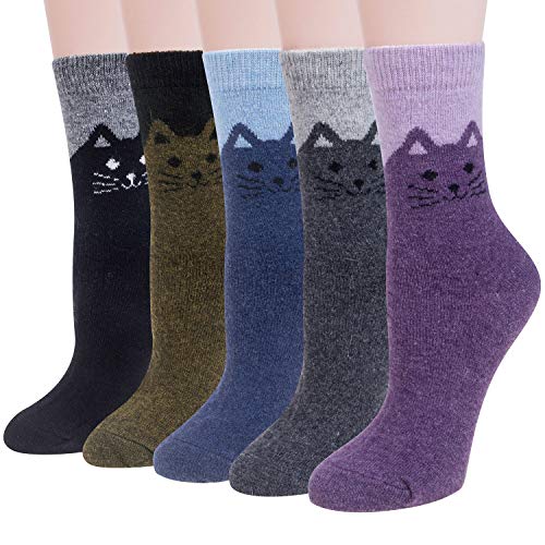 5 Pairs Womens Wool Socks Winter Cute Cat Warm Socks Thick Knit Cozy Socks Gifts for Women