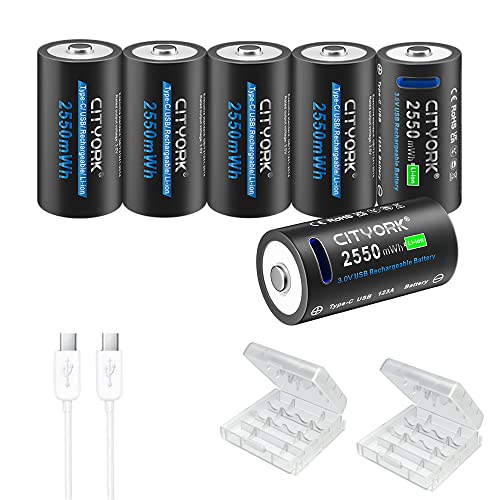 CITYORK CR123A 2550mWh Lithium Battery 6 Pack, 2550mWh CR-123A Lithium Battery for High Intensity Flashlight, Home Safety, Security Devices with Micro USB Cable（Not D Size Battery）
