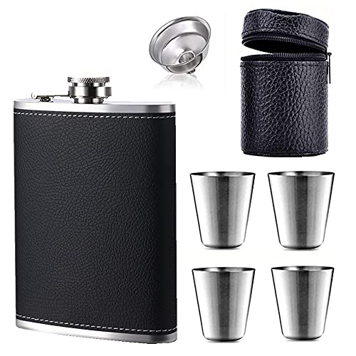 Flask 8oz,304 (18/8) Stainless Steel flask Black Leak Proof flask,Whiskey Flasks for Liquor for Men,Funnel and Shot Glasses Flask Set,Gift for Men