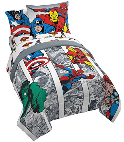 Jay Franco Marvel Avengers Comic Cool 5 Piece Twin Bed Set - includes Comforter & Sheet Set - Bedding Features Captain America, Spiderman, Iron Man, Hulk, & Thor - Super Soft