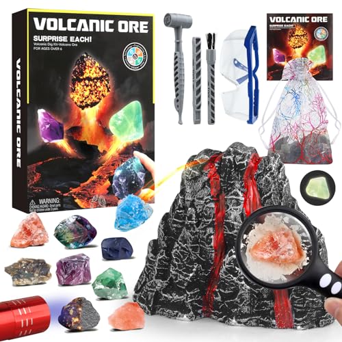 Woumserta Gemstone Dig Kit - Volcano Science Kit Boys Toys 6-8 Years Old, Fossil Dig Kit with Ten Kids Rocks for 6 7 8 Year Old Boy Birthday Gift, Fossil Collection Geology Gifts for Boys Girl age 6-8
