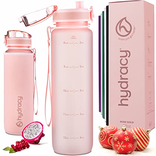 Hydracy Water Bottle with Time Marker -Large 32oz BPA Free Water Bottle & No Sweat Sleeve -Leak Proof Gym Bottle with Fruit Infuser Strainer & Times to Drink -Ideal Gift for Fitness Sports & Outdoors
