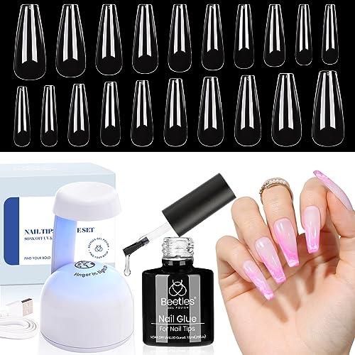 Beetles Gel Nail Kit Easy Nail Extension Set with 500Pcs Soft Gel Nail Tips Coffin Shape 5 In 1 Nail Glue Base Gel and Innovative Led Lamp Easy Diy Nails Art Home Gelly Tips Acrylic Nail Kit