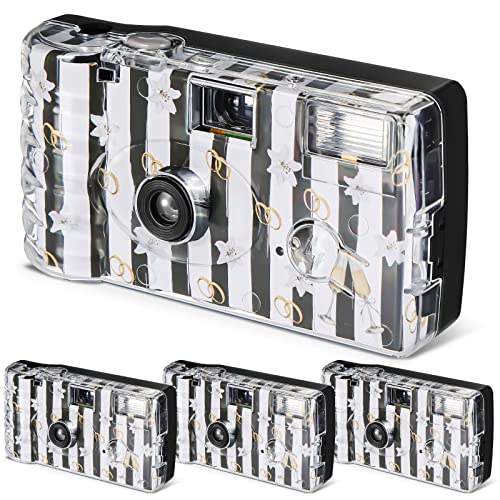 4 Pack Disposable Camera Wedding Disposable Camera Black and White Film Camera Disposable Camera with Flash One Time Use Camera 36 Exp/400 ISO for Wedding Anniversary Travel Camp Party Supply (Flower)