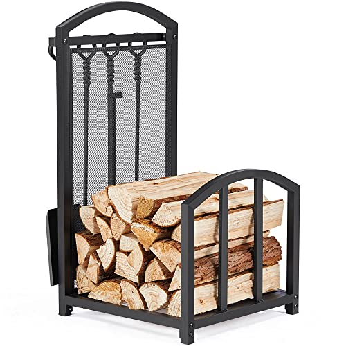 Yaheetech Firewood Rack with 4 Fireplace Tools for Indoor Outdoor, Heavy Duty Firewood Holders Firewood Log Rack for Fireplace, Large Tool Set Accessories Wood Storage Log Rack, Black