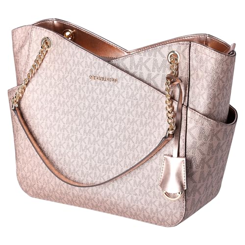 Michael Kors Jet Set Travel Large Chain Shoulder Tote Metallic Signature MK Bag (Rose Gold)