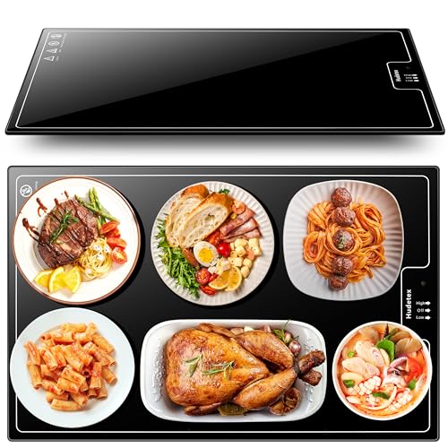 Electric Warming Tray（Large 22”x14”） with Adjustable Temperature Control, Food Warmer - Keep Food Hot for Parties Buffets, Restaurants, House Parties, Events & Dinners, Tempered Glass Surface，Black