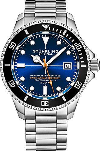 Stuhrling Original Mens Swiss Automatic Silver Stainless Steel Professional DEPTHMASTER Dive Watch Blue Face, 200 M Water Resistant, Brushed and Beveled Bracelet Divers Safety Clasp Screw Down Crown