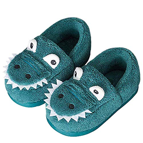 JACKSHIBO Girls Boys Home Slippers Warm Dinosaur House Slippers For Toddler Fur Lined Winter Indoor shoes Blue 8.5-9 Toddler