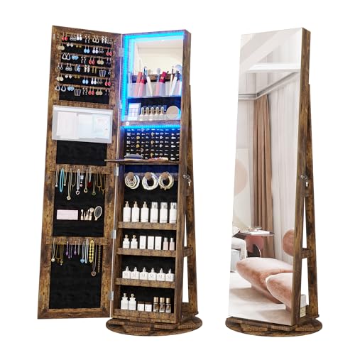 Vlsrka LED Light Jewelry Cabinet with Full Length Mirror 360° Swivel, Large Jewelry Organizer Armoire Lockable Free Standing Mirror with Jewelry Storage, Inside Makeup Mirror, Foldable Makeup Shelf