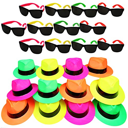 Funny Party Hats Neon Party Supplies - Fedora Party Hats with Party Sunglasses - Gangster Party - 24 Pc Set
