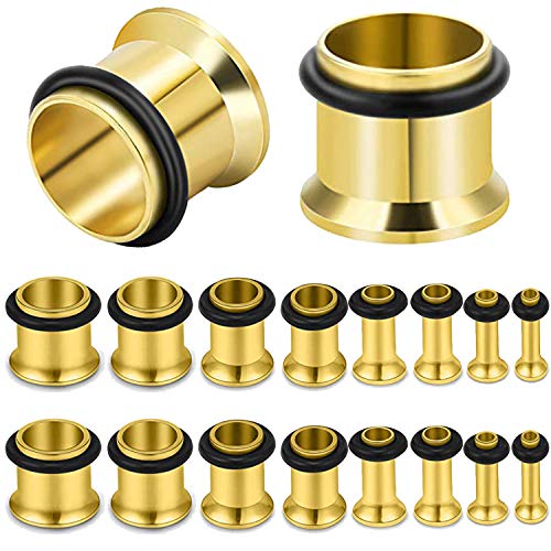 BodyJ4You 18PC Ear Stretching Kit Tunnels - 14G-00G Beginner Gauges - Single Flare Flesh Saddle Expanders - Hypoallergenic Goldtone Steel - Women Men Unisex