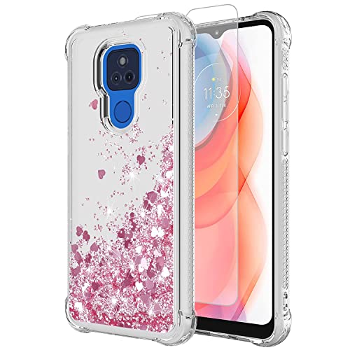 YZOK Compatible with Moto G Play Case,with HD Screen Protector, Shockproof Protective Clear Case for Girls Women,Bling Sparkle Quicksand Hard Shell TPU Case for Motorola Moto G Play 2021, Rose Gold