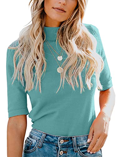 LIYOHON Womens Tops Dressy Casual Fall Cute Tops Mock Turtleneck Business White T Shirts Turquoise-M