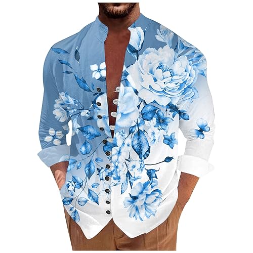 Men's T-Shirts, Hawaiian Floral Cotton Button Down Tropical Holiday Beach Long Sleeve Shirts Tee for Men Blue Dress Shirt Mens Large Dress Shirt Plain Shirts Casual Shirts (M, Blue)