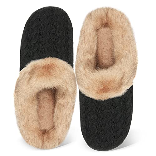 Slippers for Women Memory Foam Knitted Fur Collar House Shoes Anti-Skid Sole for Indoor & Outdoor (Black, S)
